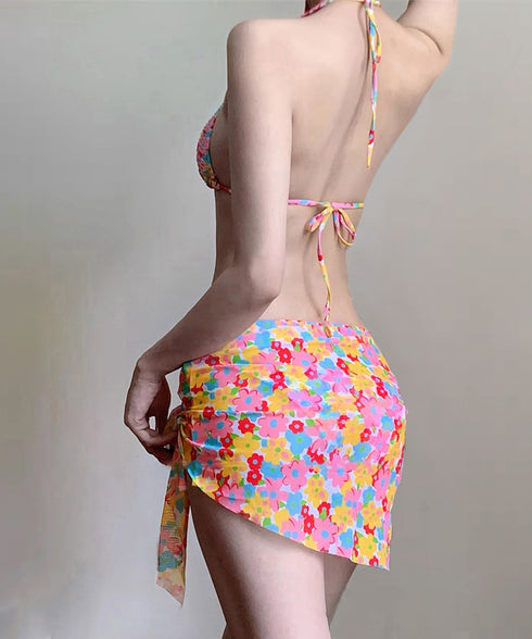 花柄 ビキニ 4点セット セパレート水着 カラフル レディース水着ビキニ 日焼け防止長袖 カバーアップ ノンワイヤー パレオ付き 水着上下セット おしゃれ 海水浴 98TIANYY-001